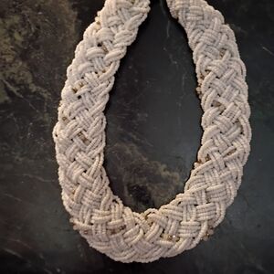 Intricate Woven Beaded Necklace in White, Silver and Gold